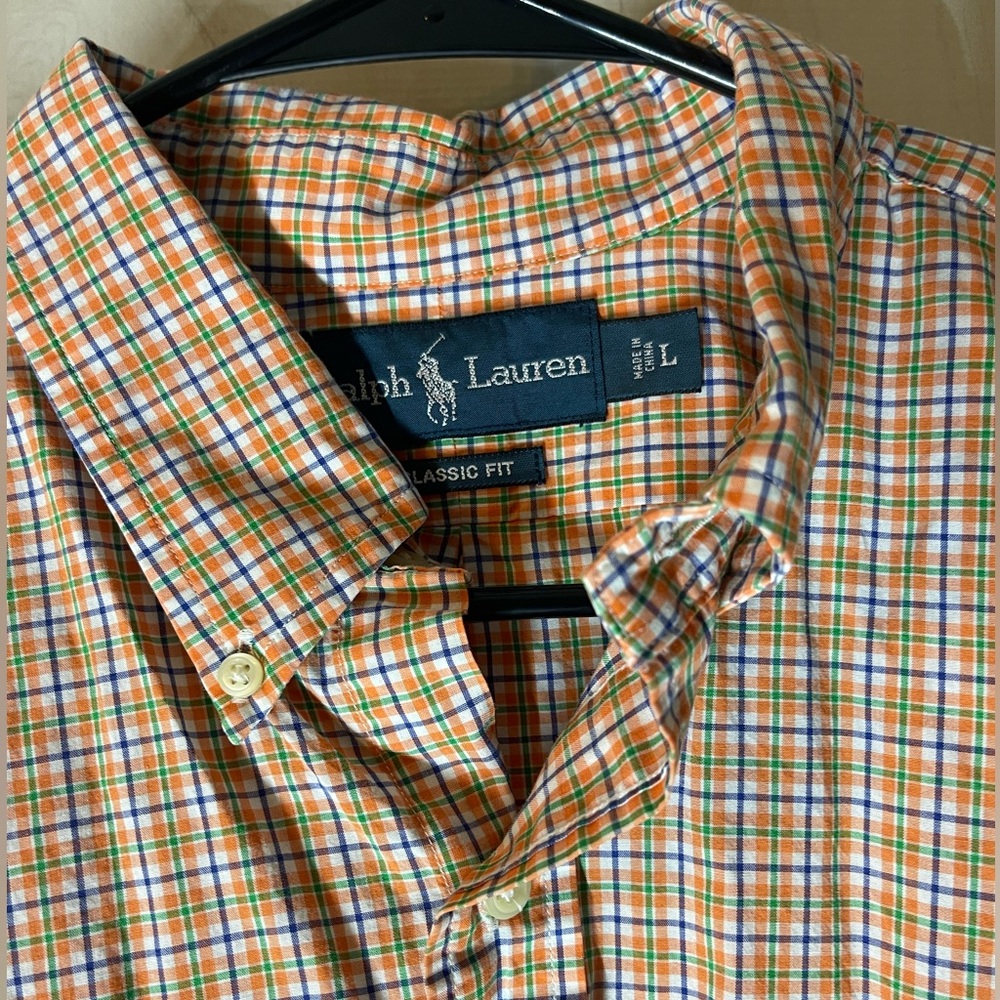 Ralph Lauren men’s classic fit orange‎ multi color check long sleeve shirt large
